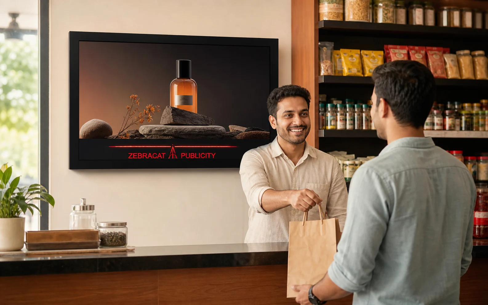 Indian shopkeeper serving a customer beside an installed Zebracat advertising display